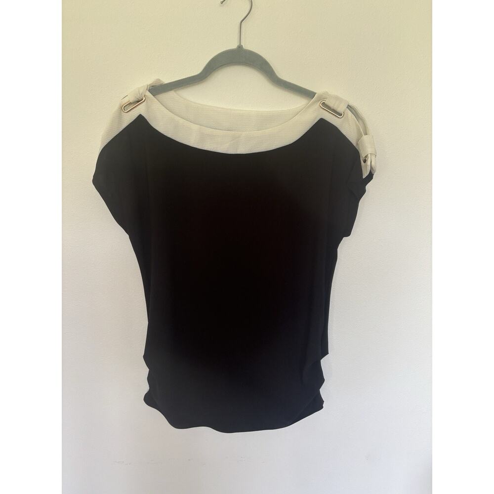 Perseption Black White Top Small Cutout Shoulder Gold Detail Blouse